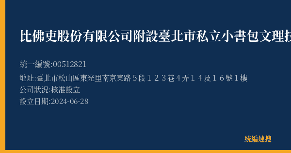 比佛吏股份有限公司附設臺北市私立小書包文理技藝短期補習班友友分班的照片-統編 00512821(臺北市) 公司登記資料與營業項目詳細圖表
