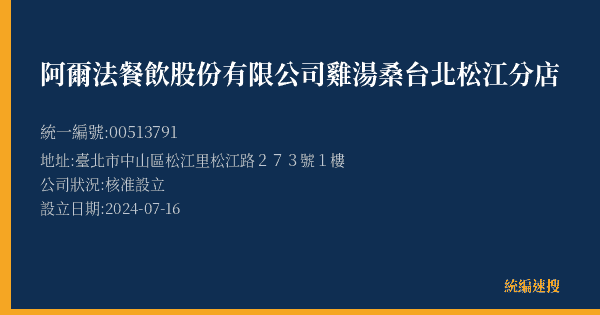 阿爾法餐飲股份有限公司雞湯桑台北松江分店的照片-統編 00513791(臺北市) 公司登記資料與營業項目詳細圖表