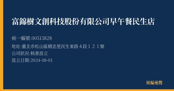 富錦樹文創科技股份有限公司早午餐民生店的照片-統編 00515828(臺北市) 公司登記資料與營業項目詳細圖表