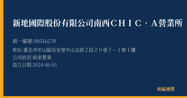 新地國際股份有限公司南西CHIC.A營業所的照片-統編 00516278(臺北市) 公司登記資料與營業項目詳細圖表