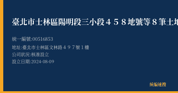 臺北市士林區陽明段三小段458地號等8筆土地更新單元都市更新會的照片-統編 00516853(臺北市) 公司登記資料與營業項目詳細圖表