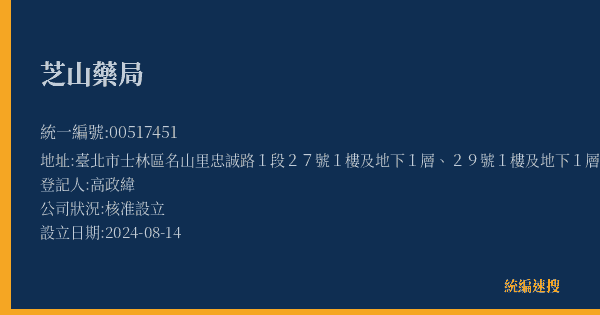 芝山藥局的照片-統編 00517451(臺北市) 公司登記資料與營業項目詳細圖表