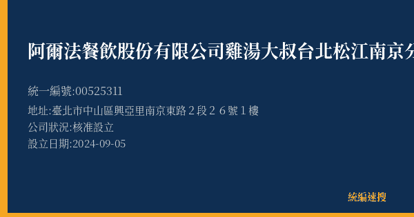 阿爾法餐飲股份有限公司雞湯大叔台北松江南京分店的照片-統編 00525311(臺北市) 公司登記資料與營業項目詳細圖表