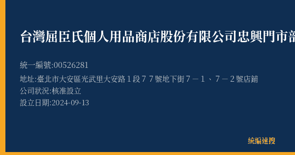 台灣屈臣氏個人用品商店股份有限公司忠興門市部的照片-統編 00526281(臺北市) 公司登記資料與營業項目詳細圖表