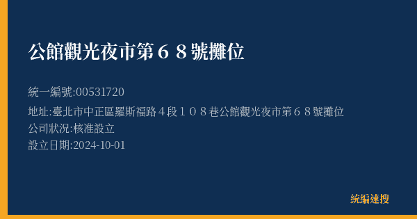 公館觀光夜市第68號攤位的照片-統編 00531720(臺北市) 公司登記資料與營業項目詳細圖表