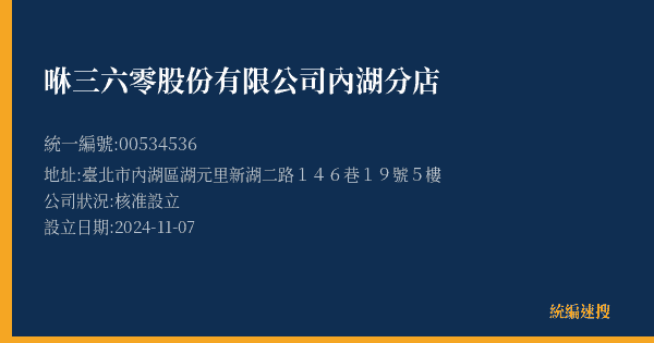 咻三六零股份有限公司內湖分店的照片-統編 00534536(臺北市) 公司登記資料與營業項目詳細圖表