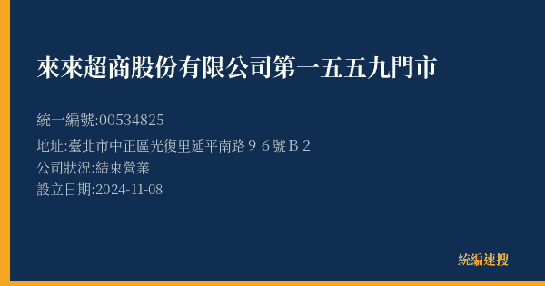 來來超商股份有限公司第一五五九門市的照片-統編 00534825(臺北市) 公司登記資料與營業項目詳細圖表