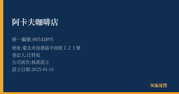 阿卡夫咖啡店的照片-統編 00541895(臺北市) 公司登記資料與營業項目詳細圖表