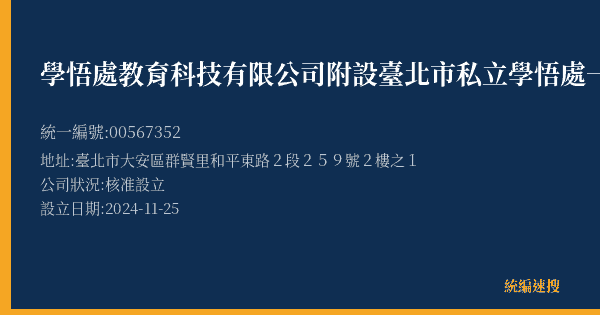 學悟處教育科技有限公司附設臺北市私立學悟處一對一科技大樓文理短期補習班的照片-統編 00567352(臺北市) 公司登記資料與營業項目詳細圖表