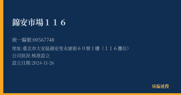 錦安市場116的照片-統編 00567748(臺北市) 公司登記資料與營業項目詳細圖表