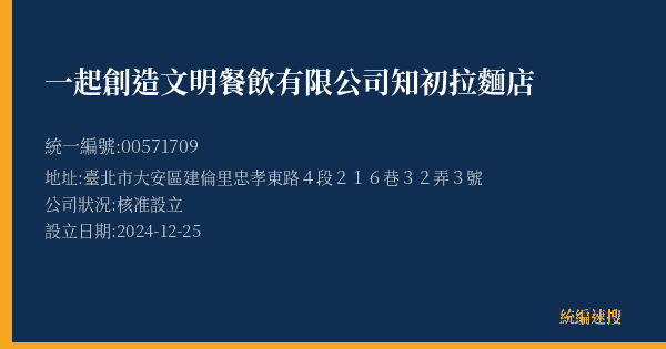 一起創造文明餐飲有限公司知初拉麵店的照片-統編 00571709(臺北市) 公司登記資料與營業項目詳細圖表