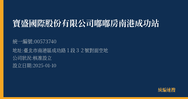 寶盛國際股份有限公司嘟嘟房南港成功站的照片-統編 00573740(臺北市) 公司登記資料與營業項目詳細圖表