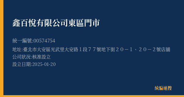 鑫百悅有限公司東區門市的照片-統編 00574754(臺北市) 公司登記資料與營業項目詳細圖表