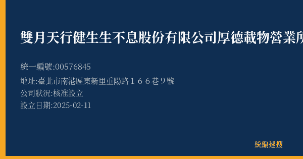 雙月天行健生生不息股份有限公司厚德載物營業所的照片-統編 00576845(臺北市) 公司登記資料與營業項目詳細圖表
