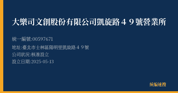 大樂司文創股份有限公司凱旋路49號營業所的照片-統編 00597671(臺北市) 公司登記資料與營業項目詳細圖表