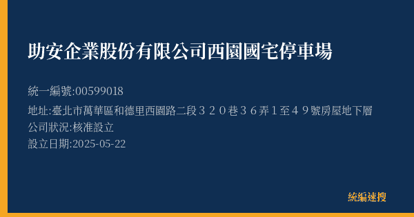 助安企業股份有限公司西園國宅停車場的照片-統編 00599018(臺北市) 公司登記資料與營業項目詳細圖表