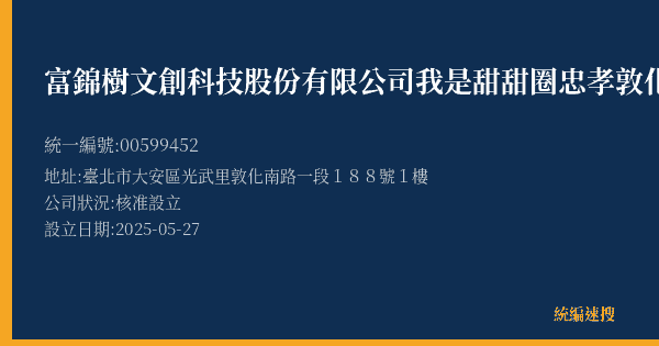 富錦樹文創科技股份有限公司我是甜甜圈忠孝敦化店的照片-統編 00599452(臺北市) 公司登記資料與營業項目詳細圖表