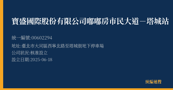 寶盛國際股份有限公司嘟嘟房市民大道-塔城站的照片-統編 00602294(臺北市) 公司登記資料與營業項目詳細圖表
