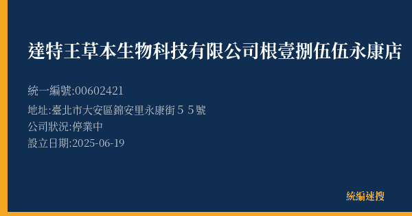 達特王草本生物科技有限公司根壹捌伍伍永康店的照片-統編 00602421(臺北市) 公司登記資料與營業項目詳細圖表