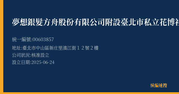 夢想銀髮方舟股份有限公司附設臺北市私立花博社區長照機構的照片-統編 00603857(臺北市) 公司登記資料與營業項目詳細圖表