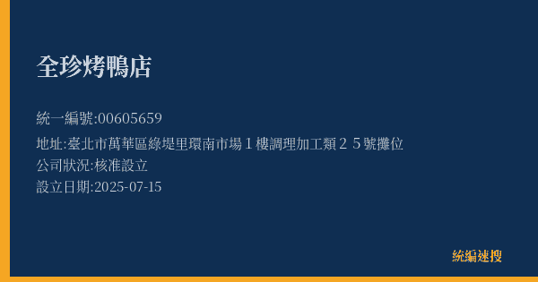 全珍烤鴨店的照片-統編 00605659(臺北市) 公司登記資料與營業項目詳細圖表