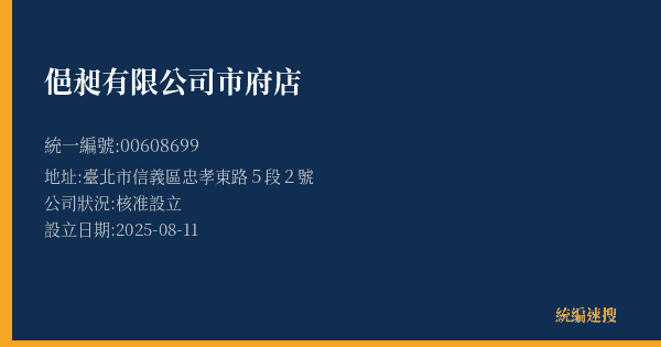 俋昶有限公司市府店的照片-統編 00608699(臺北市) 公司登記資料與營業項目詳細圖表