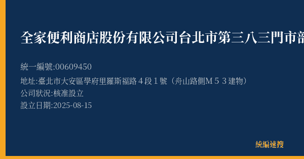 全家便利商店股份有限公司台北市第三八三門市部的照片-統編 00609450(臺北市) 公司登記資料與營業項目詳細圖表