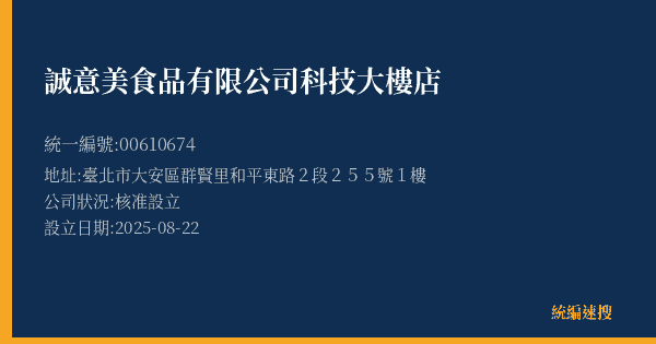 誠意美食品有限公司科技大樓店的照片-統編 00610674(臺北市) 公司登記資料與營業項目詳細圖表