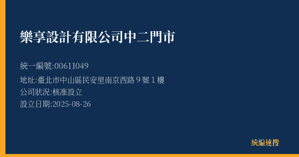樂享設計有限公司 中二門市的照片-統編 00611049(臺北市) 公司登記資料與營業項目詳細圖表
