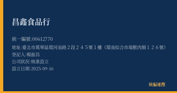 昌鑫食品行的照片-統編 00612770(臺北市) 公司登記資料與營業項目詳細圖表