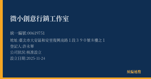 微小創意行銷工作室的照片-統編 00619751(臺北市) 公司登記資料與營業項目詳細圖表