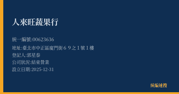 人來旺蔬果行的照片-統編 00623636(臺北市) 公司登記資料與營業項目詳細圖表