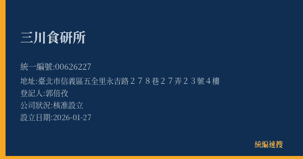 三川食研所的照片-統編 00626227(臺北市) 公司登記資料與營業項目詳細圖表