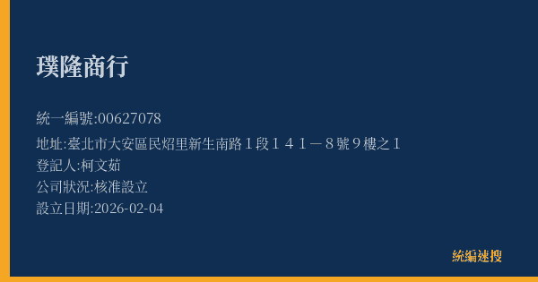 璞隆商行的照片-統編 00627078(臺北市) 公司登記資料與營業項目詳細圖表
