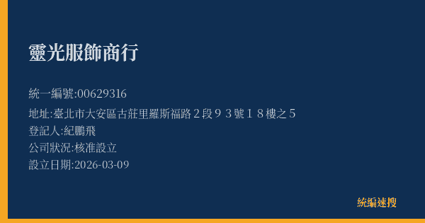 靈光服飾商行的照片-統編 00629316(臺北市) 公司登記資料與營業項目詳細圖表