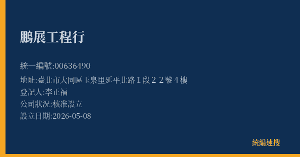 鵬展工程行的照片-統編 00636490(臺北市) 公司登記資料與營業項目詳細圖表