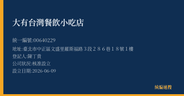 大有台灣餐飲小吃店的照片-統編 00640229(臺北市) 公司登記資料與營業項目詳細圖表