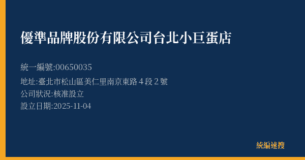 優準品牌股份有限公司台北小巨蛋店的照片-統編 00650035(臺北市) 公司登記資料與營業項目詳細圖表
