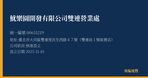 魷樂園開發有限公司雙連營業處的照片-統編 00651219(臺北市) 公司登記資料與營業項目詳細圖表