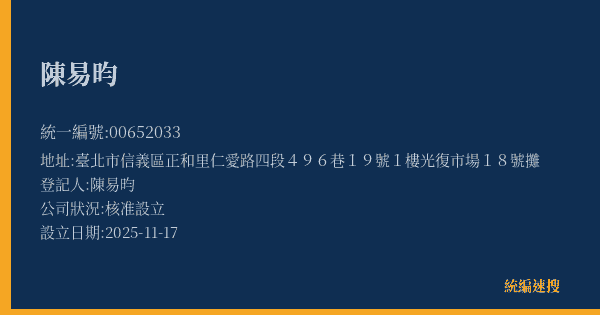 陳易昀的照片-統編 00652033(臺北市) 公司登記資料與營業項目詳細圖表