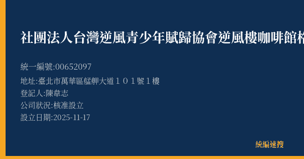 社團法人台灣逆風青少年賦歸協會逆風樓咖啡館格萊天漾店的照片-統編 00652097(臺北市) 公司登記資料與營業項目詳細圖表