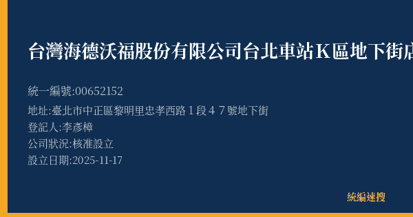 台灣海德沃福股份有限公司台北車站K區地下街店的照片-統編 00652152(臺北市) 公司登記資料與營業項目詳細圖表