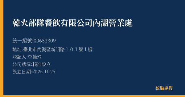 韓火部隊餐飲有限公司內湖營業處的照片-統編 00653309(臺北市) 公司登記資料與營業項目詳細圖表