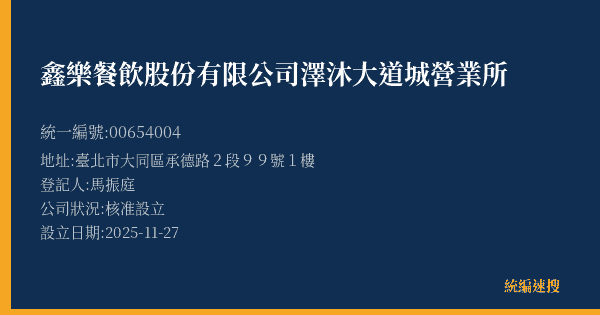 鑫樂餐飲股份有限公司澤沐大道城營業所的照片-統編 00654004(臺北市) 公司登記資料與營業項目詳細圖表