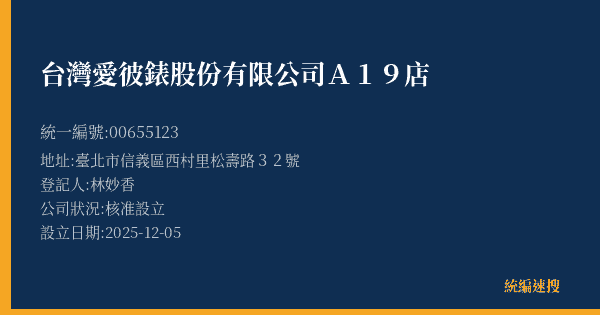 台灣愛彼錶股份有限公司A19店的照片-統編 00655123(臺北市) 公司登記資料與營業項目詳細圖表