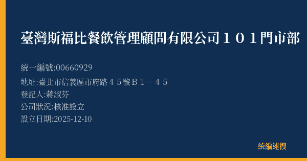 臺灣斯福比餐飲管理顧問有限公司101門市部的照片-統編 00660929(臺北市) 公司登記資料與營業項目詳細圖表