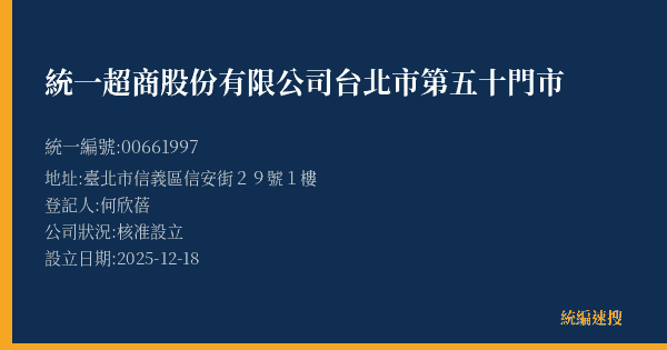 統一超商股份有限公司台北市第五十門市的照片-統編 00661997(臺北市) 公司登記資料與營業項目詳細圖表