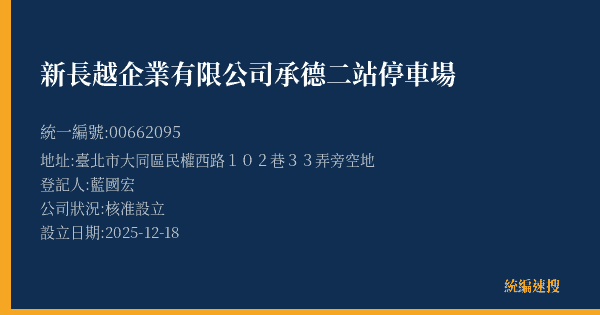 新長越企業有限公司承德二站停車場的照片-統編 00662095(臺北市) 公司登記資料與營業項目詳細圖表