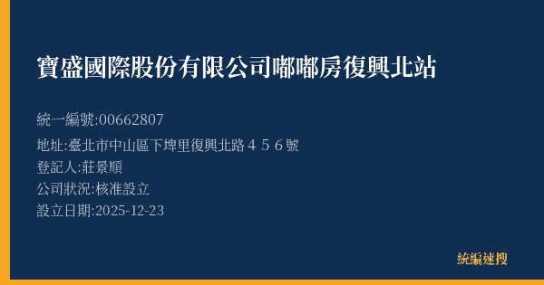 寶盛國際股份有限公司嘟嘟房復興北站的照片-統編 00662807(臺北市) 公司登記資料與營業項目詳細圖表