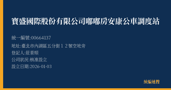 寶盛國際股份有限公司嘟嘟房安康公車調度站的照片-統編 00664137(臺北市) 公司登記資料與營業項目詳細圖表